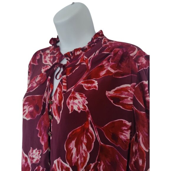 Christopher & Banks Red Floral Long Sleeve Ruffle Neck Popover Blouse Top L NWOT - Picture 3 of 10